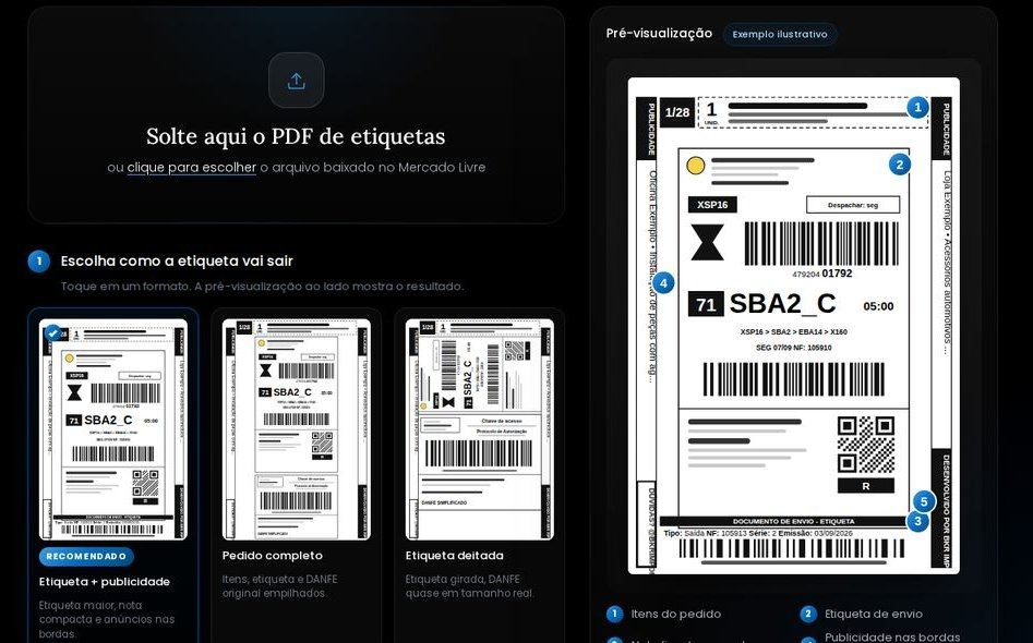 Tela do Conversor 10x15: área para soltar o PDF, cartões de formato e pré-visualização da etiqueta com anúncios nas bordas